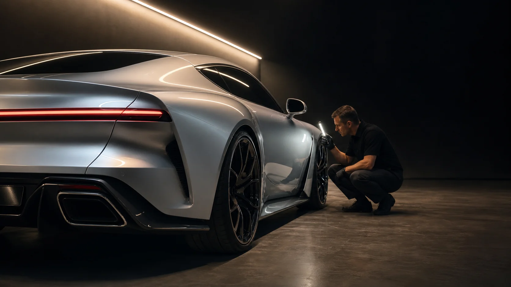 Silver performance car receiving careful paint inspection