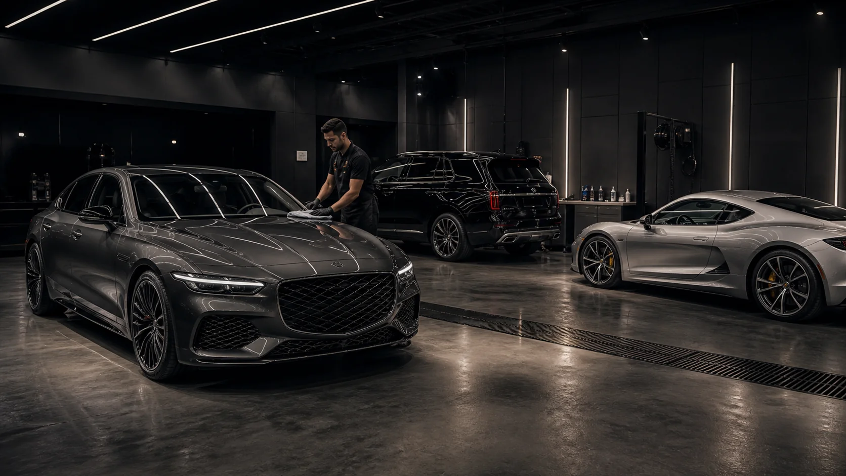 Collection of prestige vehicles in a detailing studio